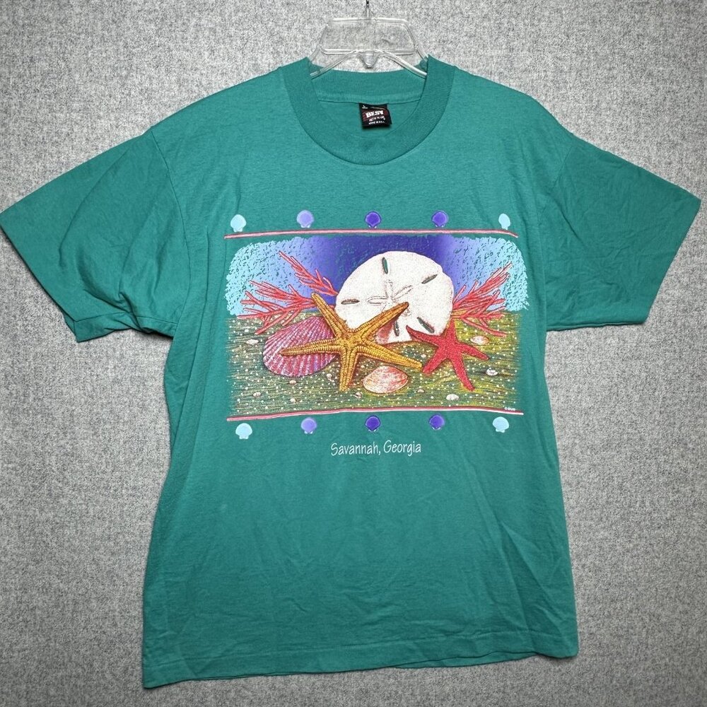 Vintage Best Large T-Shirt Savannah Georgia Single Stitch Green Shells Beach‎